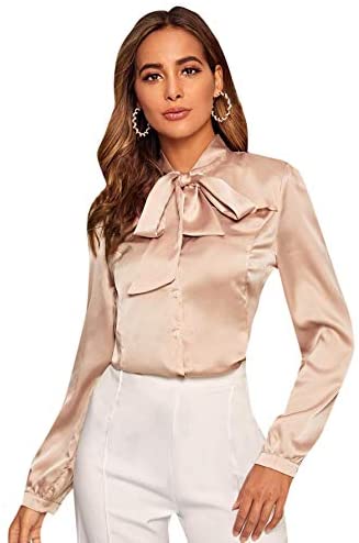 Women's Long Sleeve Tie Neck Shirt Satin Solid Pullover Work Blouse Top