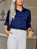 Black Silk Button Up Shirt Women Satin Blouse Casual V-Neck Long Sleeve Business Office Blouses Tops Black S
