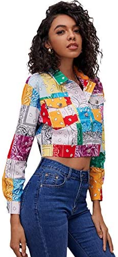 Women's Colorblock Long Sleeve Printed Coat Button Crop Jacket with Pockets
