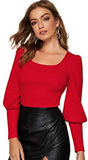 Women's Solid Scoop Neck Blouse Leg-of-Mutton Long Sleeve Tee Tops