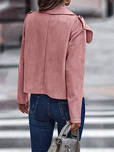 Faux Suede Jacket for Women Casual Long Sleeve Button Notch Collar Short Moto Biker Coat Fall Dark Khaki Small