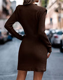 Women Sweater Bodycon Short Dress Long Sleeve Crew Neck Slim Fit Solid Dressy Fall Winter Mini Ribbed Knit Dresses(Solid Dark Coffee, Large)