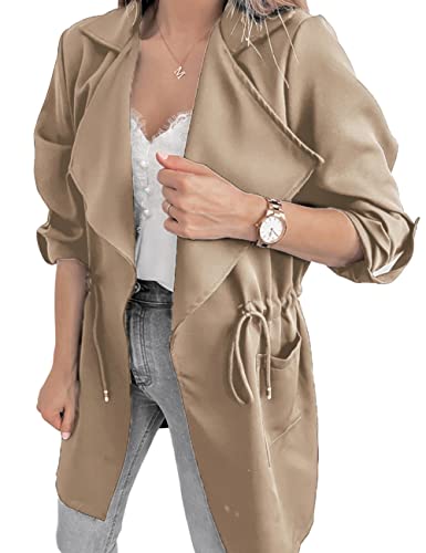 Women's Casual Lightweight Jackets Long Sleeve Drawstring Waist Lapel Trench Coat Outwear with Pockets