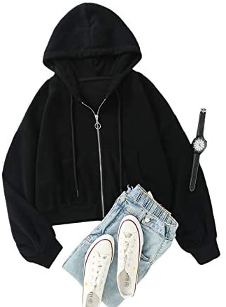 Women's Crop Zip Up Drawstring Pocket Basic Zipper Hooded Sweatshirt