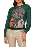 Women's Figure Graphic Print Sweatshirt Round Neck Long Sleeve Contrast Color Graffiti Pullovers Brown L