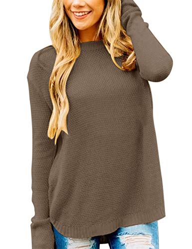 Women's Long Sleeve Oversized Crew Neck Solid Color Knit Pullover Sweater Tops Mocha