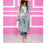 Womens Spring Autumn Sequins Open Front Covers Up Overcoat Long Sleeve See Through Slim Belted Cardigan Coat Windbreaker Jacket Party Club Dress Silver(Order one or Two Size Up )