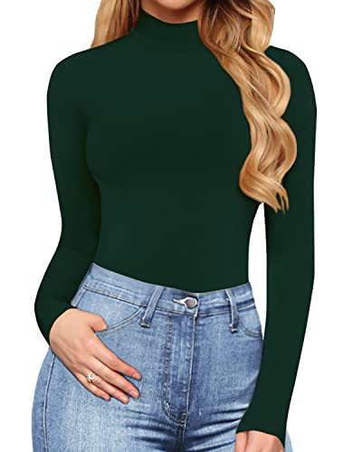 Women's Mock Turtle Neck Long Sleeve Tops Bodysuit Jumpsuit (A Long Sleeve Black)