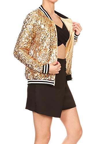 Womens Sequin Long Sleeve Front Zip Jacket with Ribbed Cuffs, Gold, Small