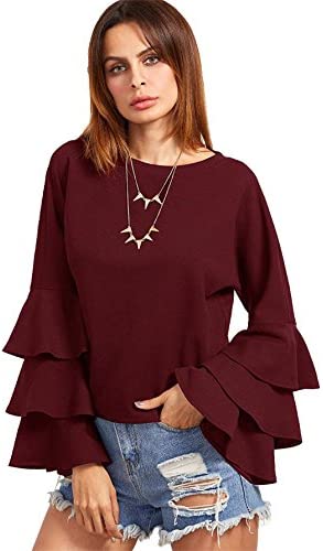 Women's Round Neck Ruffle Long Sleeve Blouse