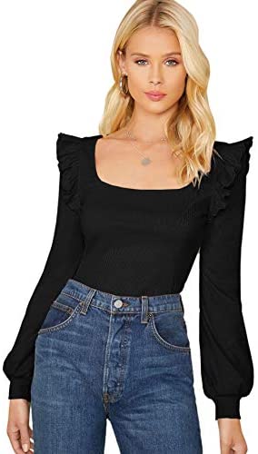 Women's Long Sleeve Scoop Neck Ruffle Trim Top Blouse Lantern Sleeve Solid Tee