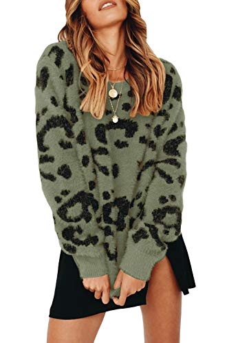 Womens Leopard Crewneck Sweater Oversized Casual Loose Basic Sherpa Pullover Knit Jumper