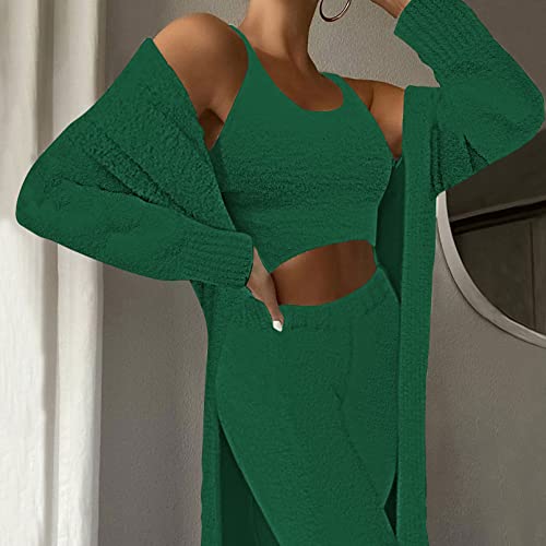 Womens Fuzzy Fleece 3 Piece Pajama Set Tank Crop Tops Pants Open Front Cardigan Lounge Outfit Light Blue S