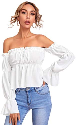 Women's Sexy Striped Off Shoulder Long Sleeve Shirt Ruffle Trim Blouses Top