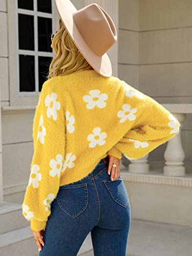 Women's Cardigan Sweaters - Floral Knit Open Front Crop Cardigans Long Sleeve Sweater Outwear Tops Orange L