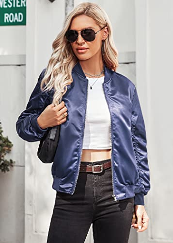 Womens Casual Jackets Long Sleeve Lightweight Fall Satin Bomber Jacket Zip Up Biker Windbreaker Coat with Pockets