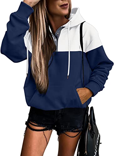 Womens Casual Hoodies Long Sleeve Drawstring Lightweight Solid Hooded Sweatshirt Button Loose Pullover Tops Fall Clothes with Pocket