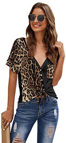 Women's Colorblock Leopard Shirt Blouse Short Sleeve V Neck Button Up Tee Tops with Pocket