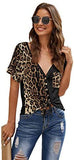 Women's Colorblock Leopard Shirt Blouse Short Sleeve V Neck Button Up Tee Tops with Pocket