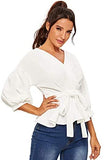 Women's Lantern 3/4 Sleeve V Neck Ruffle Blouse Tie Waist Wrap Peplum Top