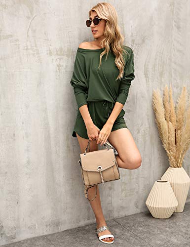 Women's Long Sleeve Loungewear Crewneck Pullover Tops Long Pants Sweatsuits Tracksuits with Pockets Army Green