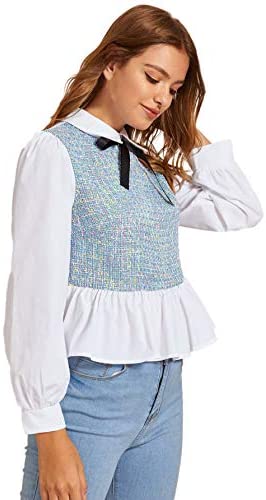 Women's Bow Tie Neck Tweed Insert Shirt Long Sleeve Blouse Keyhole Back Peplum Tops