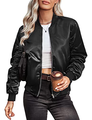 Womens Casual Jackets Long Sleeve Lightweight Fall Satin Bomber Jacket Zip Up Biker Windbreaker Coat with Pockets