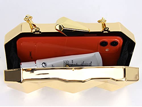 Women Lattice Pattern Metal Handbag Chain Geometric Evening Clutch Purse, Gold