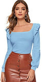Women's Long Sleeve Scoop Neck Ruffle Trim Top Blouse Lantern Sleeve Solid Tee