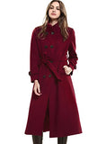 Women's Double-Breasted Trench Coat Wool Jacket with Belt Wine L
