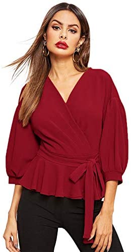 Women's Lantern 3/4 Sleeve V Neck Ruffle Blouse Tie Waist Wrap Peplum Top