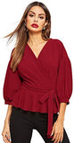 Women's Lantern 3/4 Sleeve V Neck Ruffle Blouse Tie Waist Wrap Peplum Top