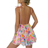 Women Girls Backless Sequin Dresses Spaghetti Strap Deep V-Neck A-line Short Dress Sparkly Party Clubwear