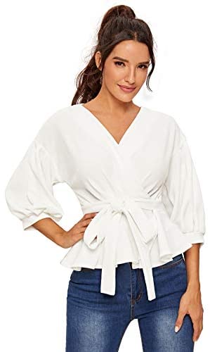 Women's Lantern 3/4 Sleeve V Neck Ruffle Blouse Tie Waist Wrap Peplum Top