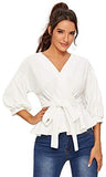 Women's Lantern 3/4 Sleeve V Neck Ruffle Blouse Tie Waist Wrap Peplum Top