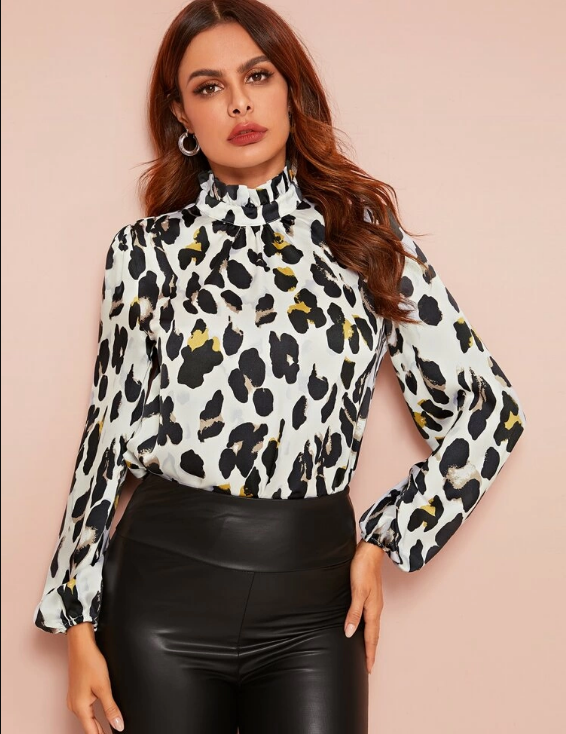 BISHOP SLEEVE FRILL NECK LEOPARD BLOUSE