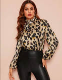 BISHOP SLEEVE FRILL NECK LEOPARD BLOUSE