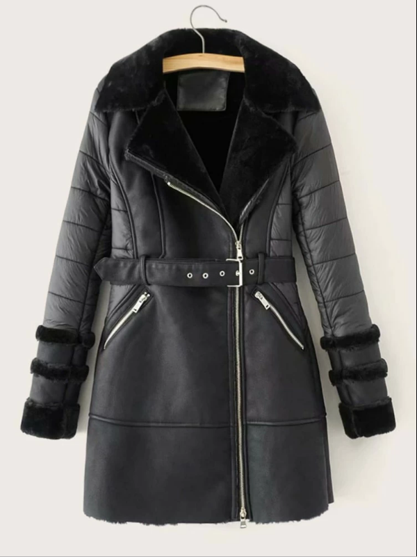 Self Tie Faux Fur Lined PU Leather Coat