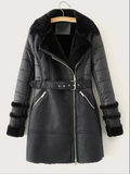 Self Tie Faux Fur Lined PU Leather Coat