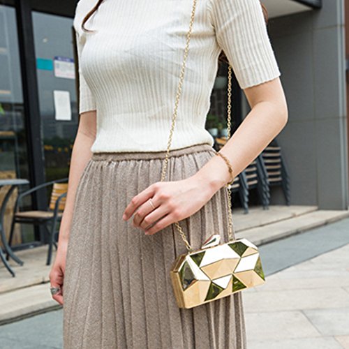 Women Lattice Pattern Metal Handbag Chain Geometric Evening Clutch Purse, Gold