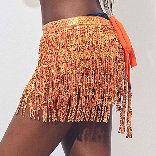 Belly Dance Hip Skirt Tassel Scarf Sequin Wrap Rave Costume for Women (Blue)