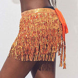 Belly Dance Hip Skirt Tassel Scarf Sequin Wrap Rave Costume for Women (Blue)