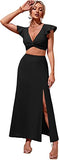 Women's Twist Plunging Neck Ruffle Crop Blouse Top 2 Pieces Midi Skirt Set