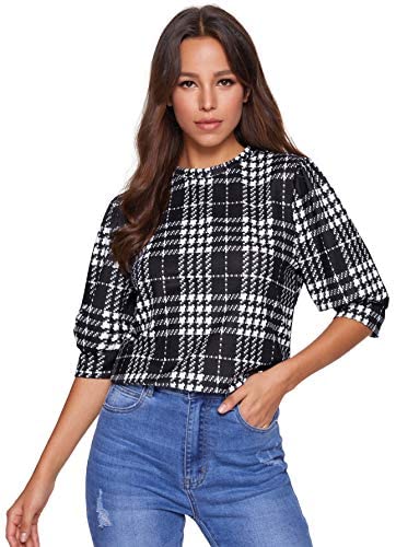 Women's Puff Sleeve Plaid Work Blouse High Neck Office Top