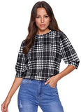 Women's Puff Sleeve Plaid Work Blouse High Neck Office Top