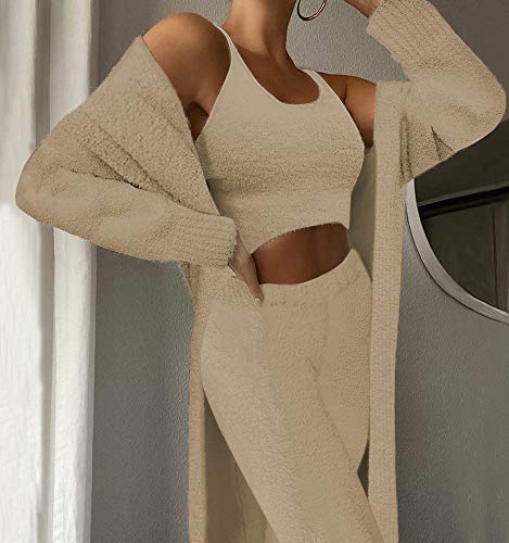 Womens Fuzzy Fleece 3 Piece Pajama Set Tank Crop Tops Pants Open Front Cardigan Lounge Outfit Light Blue S