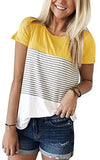Short Sleeve Round Neck Triple Color Block Stripe T-Shirt Casual Blouse Yellow
