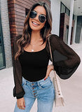 Women's Puff Sleeve Tops Mesh Sexy Casual Tee Shirts Blouses
