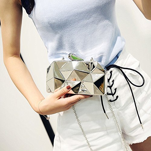 Women Lattice Pattern Metal Handbag Chain Geometric Evening Clutch Purse, Gold