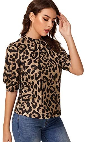 Women's Puff Sleeve Leopard Print Work Blouse Casual Hight Neck Top Leopard